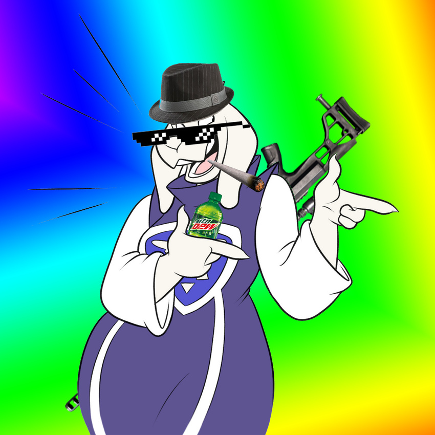 anthro badgengar beverage boss_monster bottle caprine clothing drugs eyewear fedora female food fur goat gun hat hi_res horn humor mammal marijuana mlg mountain_dew rainbow ranged_weapon redrockuniverse rifle smile soda solo sunglasses tongue toriel undertale video_games weapon white_fur