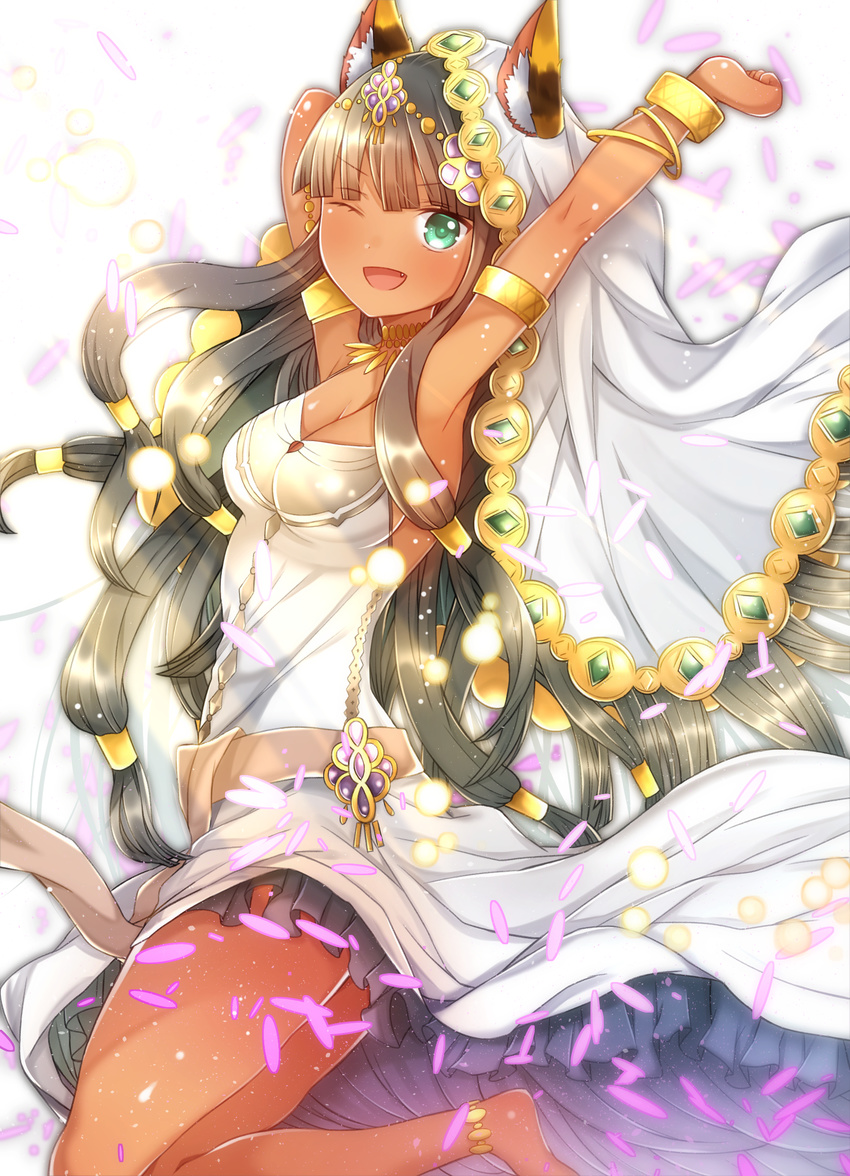 ;d absurdres akirannu animal_ears anklet armlet arms_up bad_id bad_pixiv_id barefoot bastet_(p&amp;d) black_hair bracelet breasts bridal_veil cat_ears cleavage dark_skin dress egyptian fang green_eyes hair_ornament hair_tubes highres jewelry leg_up looking_at_viewer medium_breasts necklace one_eye_closed open_mouth petals puzzle_&amp;_dragons sash smile solo veil wedding_dress