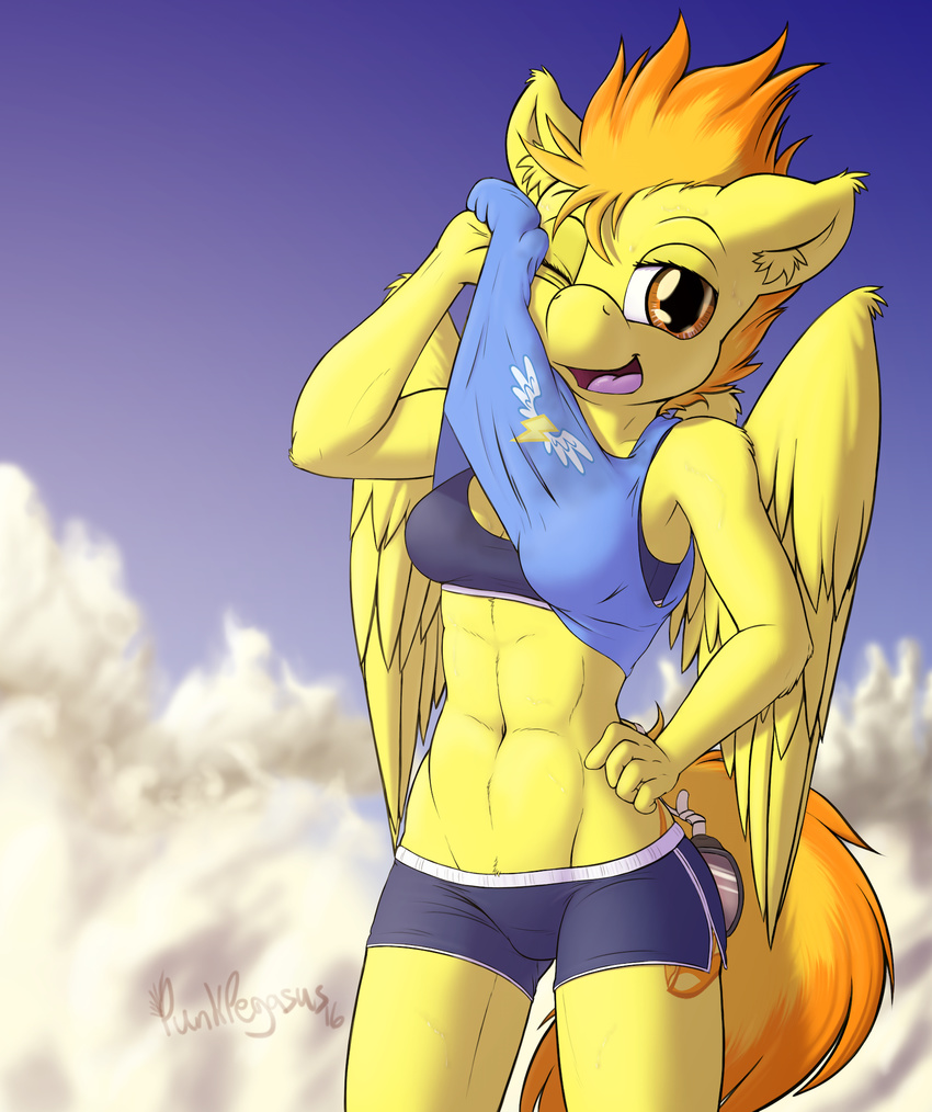 2016 abs anthro anthrofied armpits breasts clothed clothing cloud cutie_mark equine feathered_wings feathers female friendship_is_magic hair hi_res looking_at_viewer mammal multicolored_hair my_little_pony navel one_eye_closed open_mouth pegasus punk-pegasus shirt short_hair shorts sky solo spitfire_(mlp) tank_top tongue two_tone_hair wings wonderbolts_(mlp)