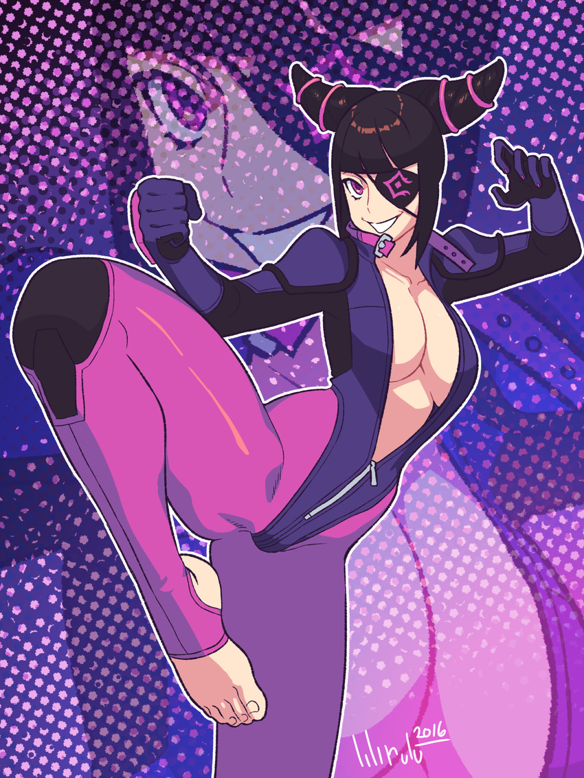 black_hair breasts capcom center_opening cleavage eyepatch feet fighting_stance han_juri highres large_breasts leg_up lilirulu looking_at_viewer purple_eyes smile solo street_fighter street_fighter_v toeless_legwear toes