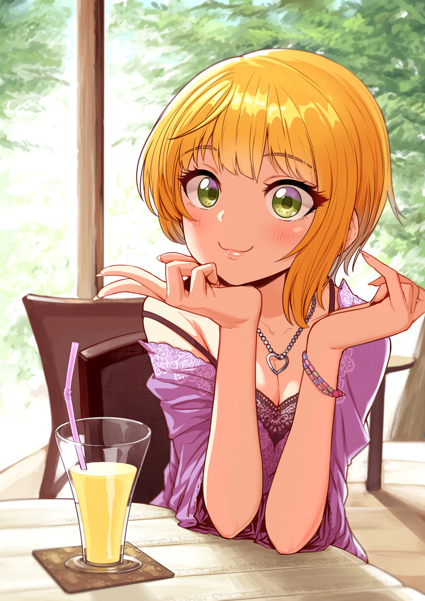 :3 bendy_straw blonde_hair blush bracelet breasts cafe chair chin_rest cleavage closed_mouth coaster collarbone cup drink drinking_glass drinking_straw eyebrows eyebrows_visible_through_hair eyelashes face fingernails floral_print green_eyes heart heart_necklace highres idolmaster idolmaster_cinderella_girls jewelry lace_trim lips long_fingernails looking_at_viewer miyamoto_frederica off_shoulder omaru_gyuunyuu shade sharp_fingernails short_hair sitting small_breasts smile solo strap_slip table tree upper_body wide-eyed