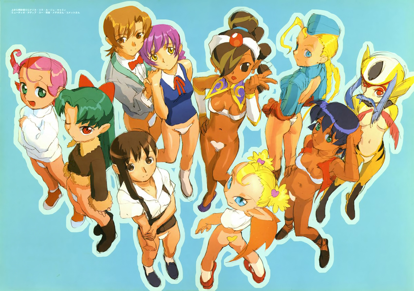 aqua_background aqua_eyes ass blonde_hair blue_hair blue_leotard blue_submarine_no_6 brown_eyes brown_hair cammy_white character_request comet_(comet-san) copyright_request cosmic_baton_girl_comet-san crossover fish fushigi_no_umi_no_nadia green_eyes green_hair high_ponytail leotard lipstick long_hair long_sleeves looking_at_viewer looking_back maebari makeup meteor_(comet-san) mouth_hold multiple_girls mutio nadeara_bukichi nadia navel no_pants one_eye_closed open_mouth outline pink_hair pointy_ears power_stone purple_hair red_eyes rouge_(power_stone) short_hair short_sleeves short_twintails simple_background sleeveless slit_pupils smile street_fighter suspenders sweater twintails yellow_eyes