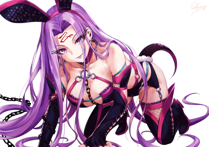 1girl all_fours animal_ears bangs bare_shoulders blush boots breasts bunny_ears chains collarbone commentary_request detached_sleeves dress earrings eyelashes eyeliner facial_mark fate/stay_night fate_(series) forehead_mark garter_belt hair_intakes hairband high_heel_boots high_heels jewelry large_breasts leotard lipstick long_hair looking_at_viewer makeup o-ring purple_footwear purple_hair purple_leotard purple_lips purple_lipstick rider sakiyamama signature smile solo strapless strapless_dress tail thigh_boots thighhighs thighs very_long_hair