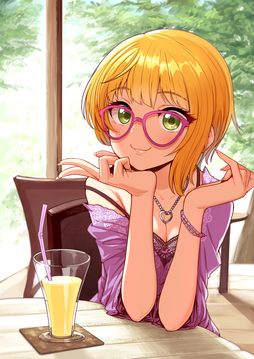 bendy_straw bespectacled blonde_hair blush bracelet breasts cafe chair chin_rest cleavage closed_mouth coaster collarbone cup drink drinking_glass drinking_straw eyebrows eyebrows_visible_through_hair eyelashes fingernails floral_print glasses green_eyes heart heart_necklace highres idolmaster idolmaster_cinderella_girls jewelry lace_trim lips long_fingernails looking_at_viewer miyamoto_frederica off_shoulder omaru_gyuunyuu pink-framed_eyewear shade sharp_fingernails short_hair sitting small_breasts smile solo strap_slip table tree upper_body