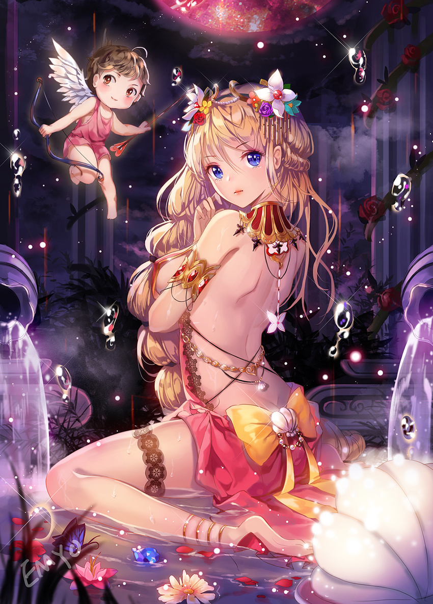 1girl ahoge anklet aphrodite arm_at_side armlet arrow backless_dress backless_outfit bangs bare_back barefoot beads blonde_hair blue_flower blurry blush bow bow_(weapon) breast_hold breasts bug butt_crack butterfly chain child closed_mouth cloud cupid depth_of_field detached_collar dress eyebrows eyebrows_visible_through_hair feathered_wings flower flying fountain fringe_trim from_side gem gold grass greek_mythology hair_beads hair_between_eyes hair_flower hair_ornament heart highres holding holding_weapon insect jewelry lace lace-trimmed_dress large_breasts leg_garter light_particles long_hair looking_at_viewer looking_away looking_back looking_to_the_side mother_and_son multi-tied_hair night night_sky original outstretched_arm petals pillar pink_dress planet plant purple_flower purple_rose red_flower red_lips red_rose rose shell sideboob signature single_wing sitting sky smile soles sparkle string toga very_long_hair vines wariza water weapon white_flower white_wings wings yellow_bow yumaomi