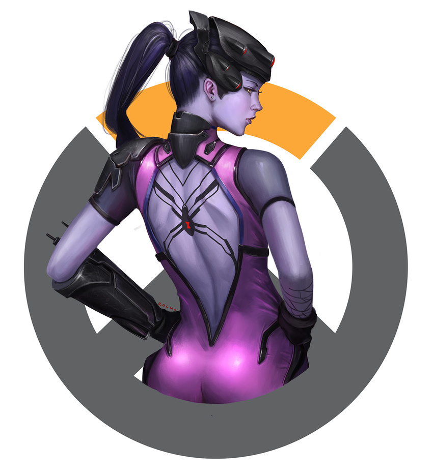 ass back_cutout back_tattoo backless_outfit bodysuit gloves head_mounted_display highres long_hair overwatch pink_bodysuit ponytail purple_hair purple_skin realistic solo spider_tattoo tattoo trix_(walpurgis999) widowmaker_(overwatch) yellow_eyes