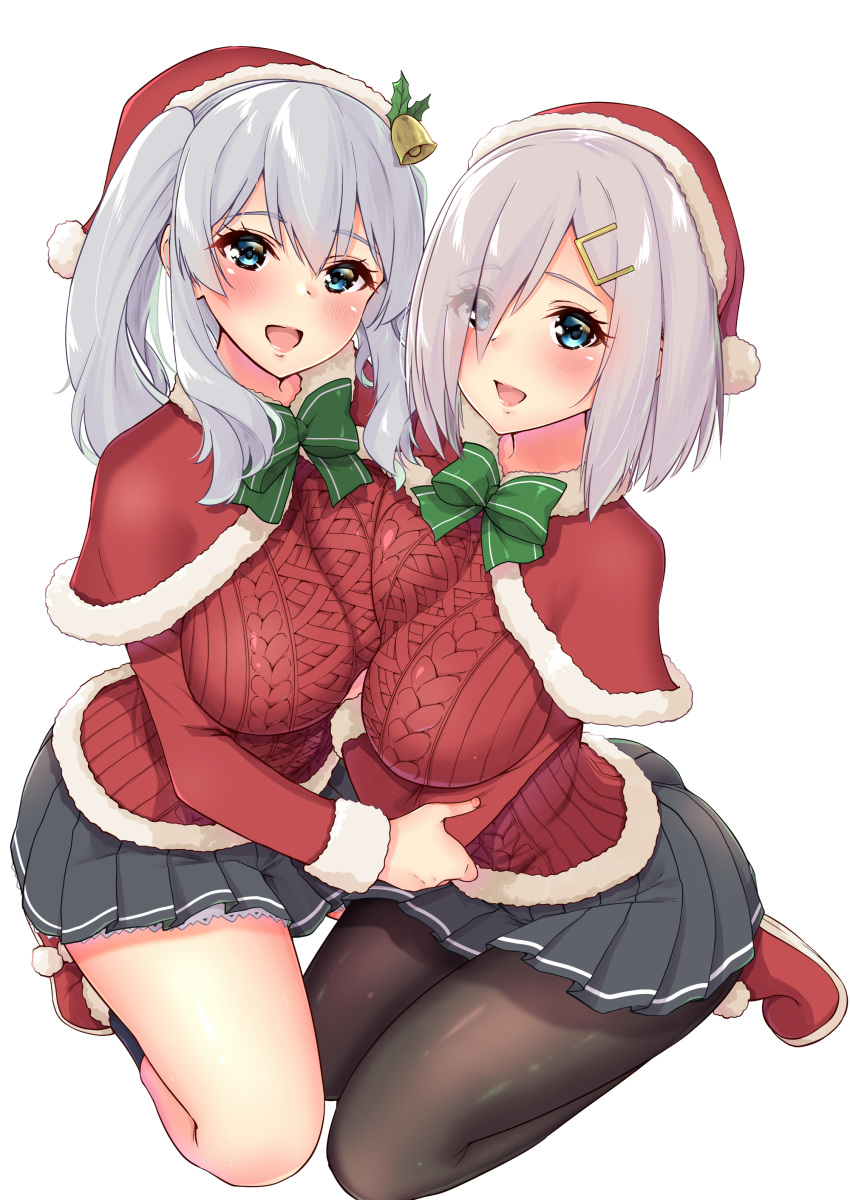 2girls :d absurdres black_legwear blue_eyes blush breast_press breasts capelet commentary_request eyebrows_visible_through_hair eyes_visible_through_hair full_body fur_trim gloves hair_between_eyes hair_ornament hair_over_one_eye hairclip hamakaze_(kantai_collection) hat highres impossible_clothes kantai_collection kashima_(kantai_collection) large_breasts long_hair long_sleeves looking_at_viewer miniskirt multiple_girls open_mouth pantyhose pink_lips pleated_skirt pom_pom_(clothes) red_capelet red_hat red_sweater santa_hat sarfata short_hair sidelocks silver_hair skirt smile sweater symmetrical_docking tsurime twintails wavy_hair white_background white_gloves