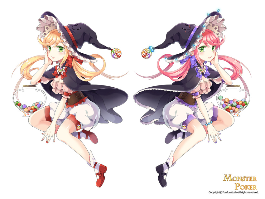 :q blonde_hair bow candy cape chin_rest copyright_name corset dual_persona food frills from_side green_eyes hair_bow hat jar lollipop long_hair looking_at_viewer monster_poker multiple_views official_art original pink_hair pout shorts tongue tongue_out variations witch witch_hat yeni