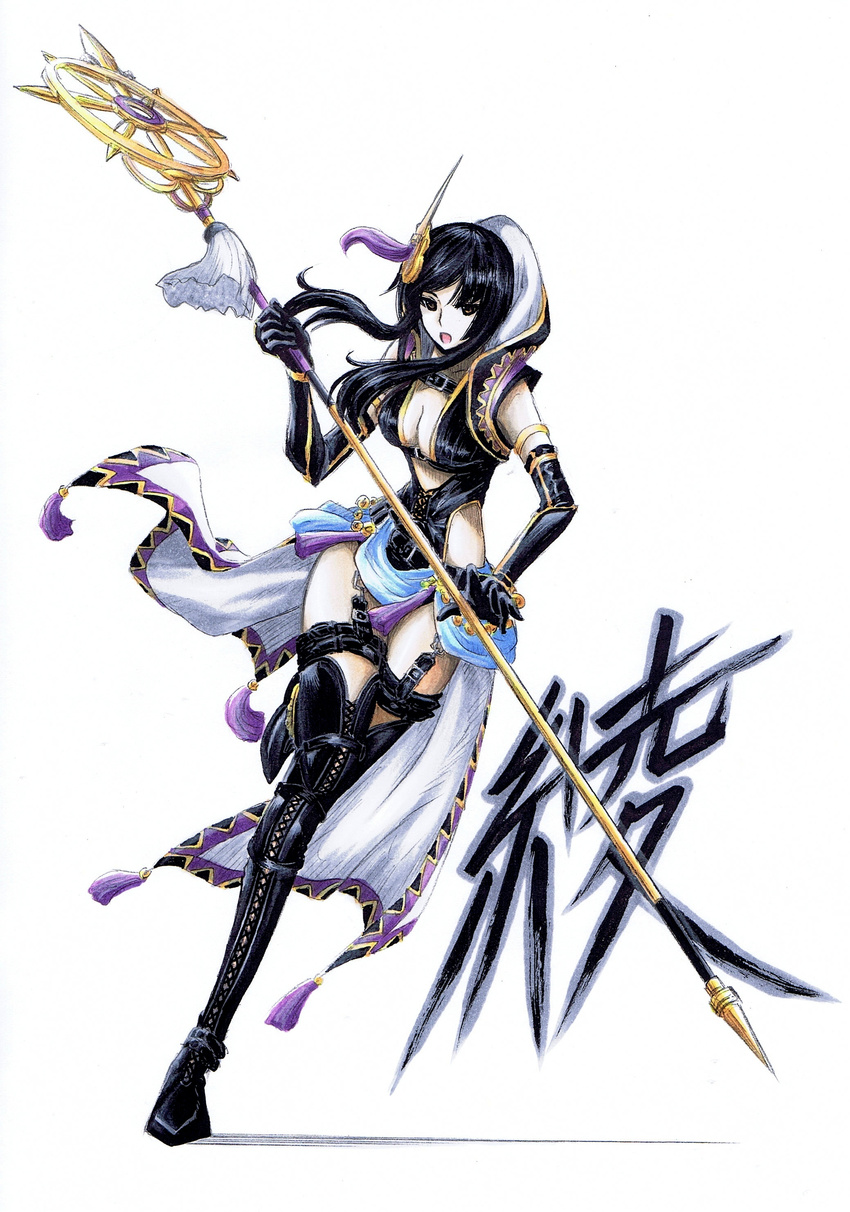 absurdres aya_gozen black_hair boots breasts cleavage elbow_gloves full_body garter_straps garters gloves hair_ornament highres hood large_breasts long_hair oota_tamon open_mouth sengoku_musou solo staff thigh_boots thighhighs translated warrior weapon white_background