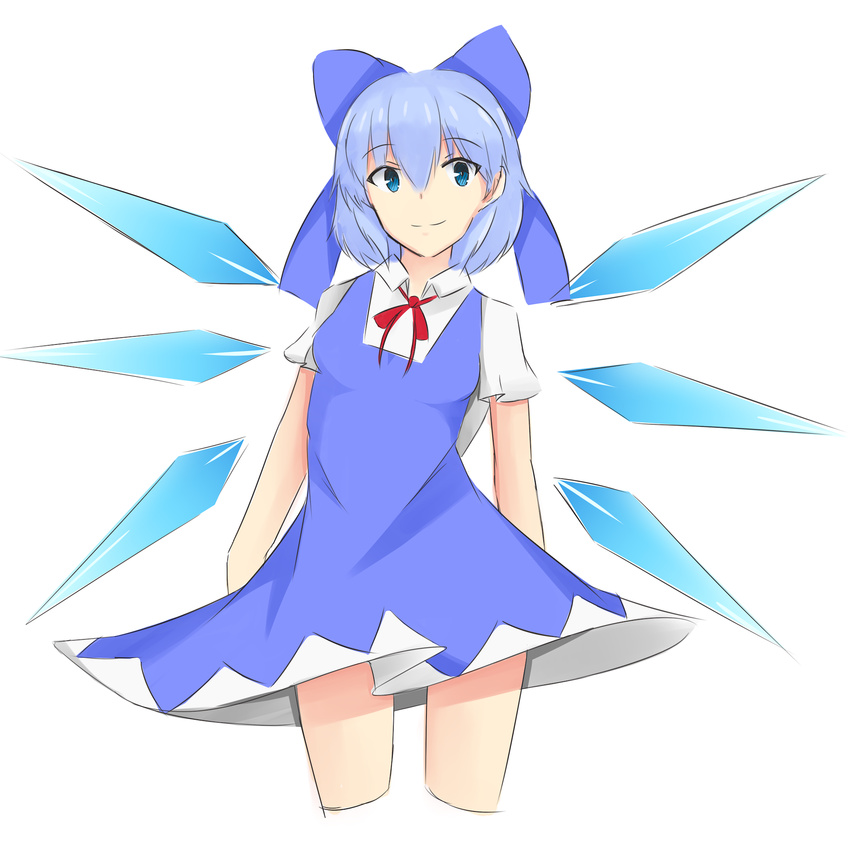 blue_eyes blue_hair blue_ribbon cirno cropped_legs dress hair_ribbon highres isane ribbon short_hair short_sleeves simple_background smile solo touhou white_background wings