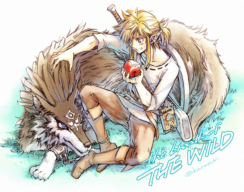 apple blonde_hair blue_eyes copyright_name crossover dual_persona eating food fruit full_body grass grin link link_(wolf) male_focus md5_mismatch pointy_ears scabbard sheath shield sitting smile sword tak_(karasuki) the_legend_of_zelda the_legend_of_zelda:_breath_of_the_wild the_legend_of_zelda:_twilight_princess weapon wolf