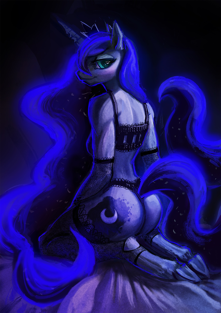 animal_humanoid anthro breasts brendavid butt clothing crown equine equine_humanoid fabric female fishnet friendship_is_magic glowing hooves horn horse humanoid legwear lingerie mammal mane my_little_pony pinup pose princess_luna_(mlp) stockings tiara underwear