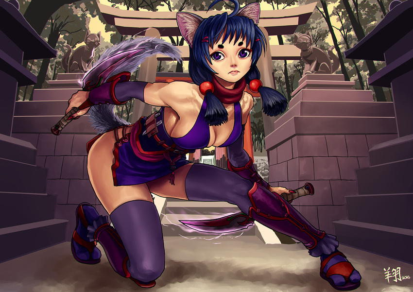 ahoge animal_ears blue_hair breasts cat_ears cat_tail catamancer cleavage commentary dagger dual_wielding eyebrows full_body greaves highres holding low_twintails medium_breasts ninja no_bra purple_eyes reverse_grip ryu_shou scarf side_slit sideboob solo tabi tail thick_eyebrows thighhighs torii twintails weapon