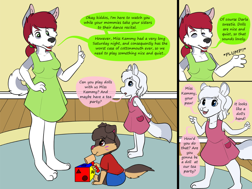 anthro clothing comic dialogue english_text hair kammypup_(artist) mammal red_hair speech_bubble text young