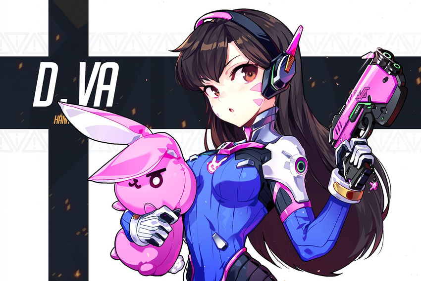 animal_print armor bangs blush bodysuit breasts brown_eyes brown_hair bunny bunny_print character_name covered_navel d.va_(overwatch) facial_mark gloves gun hand_up handgun headphones high_collar holding holding_gun holding_stuffed_animal holding_weapon hwansang long_hair medium_breasts open_mouth overwatch pauldrons pilot_suit solo stuffed_animal stuffed_bunny stuffed_toy turtleneck upper_body weapon whisker_markings white_gloves