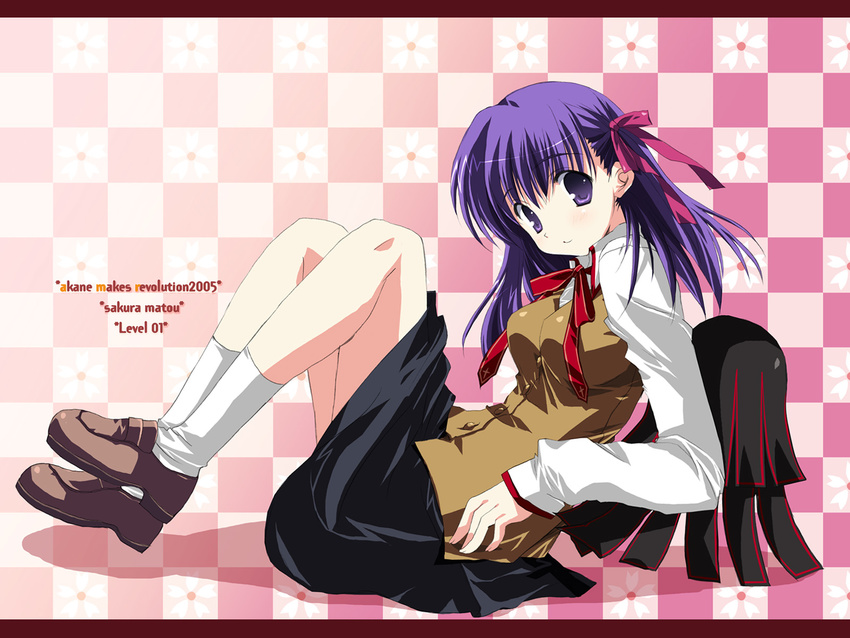 2005 blue_hair character_name checkered checkered_background fate/stay_night fate_(series) floral_background grey_eyes hair_ribbon highres ikegami_akane knees_up leaning_back long_sleeves looking_at_viewer matou_sakura ribbon skirt solo vest wallpaper