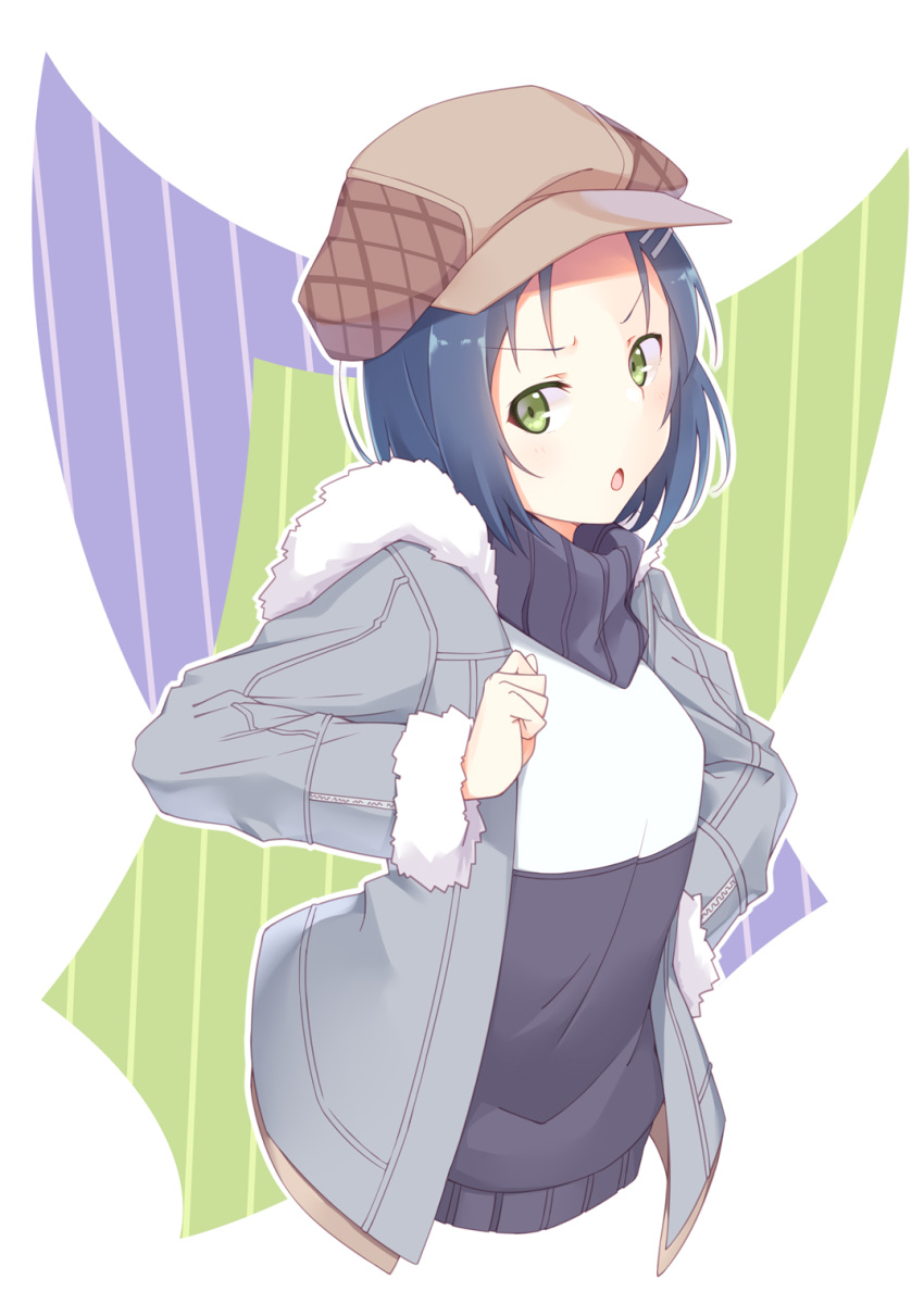 1girl :o beret blue_hair cropped_torso fur-trimmed_jacket fur_trim gochuumon_wa_usagi_desu_ka? green_eyes hair_ornament hairclip hand_on_hip hat hetareeji highres jacket long_sleeves looking_at_viewer mate_rin open_clothes open_jacket open_mouth outline short_hair solo upper_body v-shaped_eyebrows white_outline