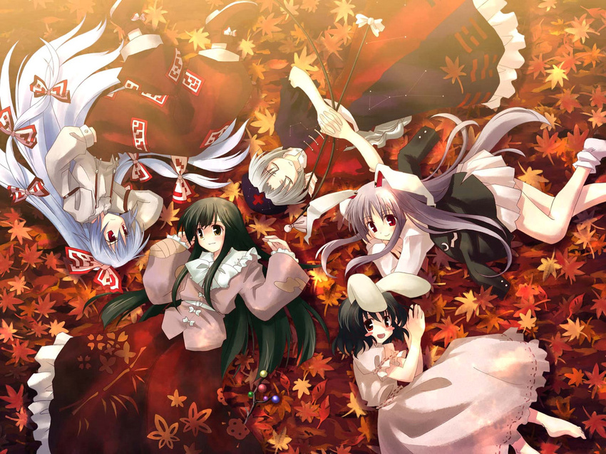 animal_ears arrow autumn barefoot black_hair blush bow bow_(weapon) branch brown_eyes bunny_ears closed_eyes dress fujiwara_no_mokou hair_bow hand_in_pocket hat houraisan_kaguya inaba_tewi jeweled_branch_of_hourai leaf long_hair long_sleeves lying multiple_girls pants purple_hair red_eyes reisen_udongein_inaba short_hair silver_hair smile suspenders touhou very_long_hair wallpaper weapon yagokoro_eirin yuuki_tatsuya