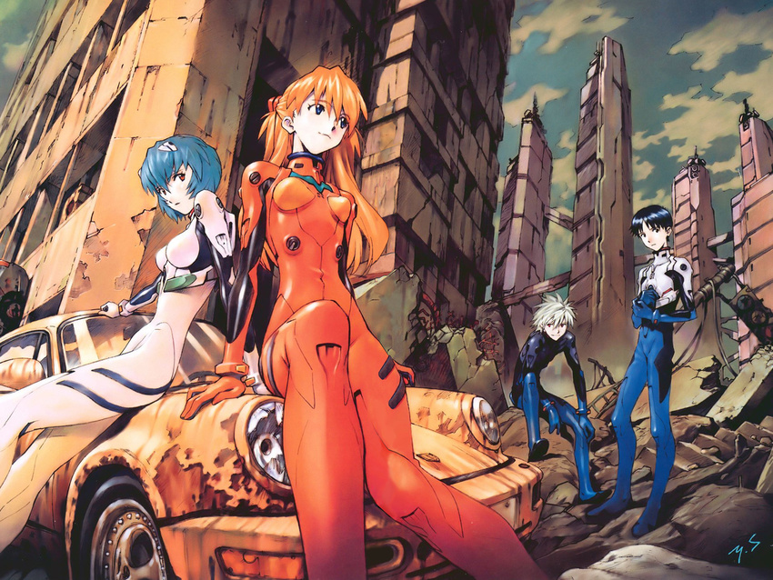 2girls 90s albino arm_support ayanami_rei bangs black_eyes black_hair blue_eyes blue_hair bodysuit bracer breasts building car city cloud foreshortening from_below gloves ground_vehicle hand_on_own_knee headgear highres holding_arm ikari_shinji left-hand_drive long_hair looking_at_viewer looking_back looking_to_the_side motor_vehicle multiple_boys multiple_girls nagisa_kaworu neon_genesis_evangelion official_art on_vehicle orange_hair outdoors parted_bangs parted_lips pilot_suit plugsuit porsche porsche_911 red_eyes ruins sadamoto_yoshiyuki short_hair signature sitting skinny sky skyscraper small_breasts smile souryuu_asuka_langley spiked_hair standing turtleneck wallpaper white_bodysuit white_hair