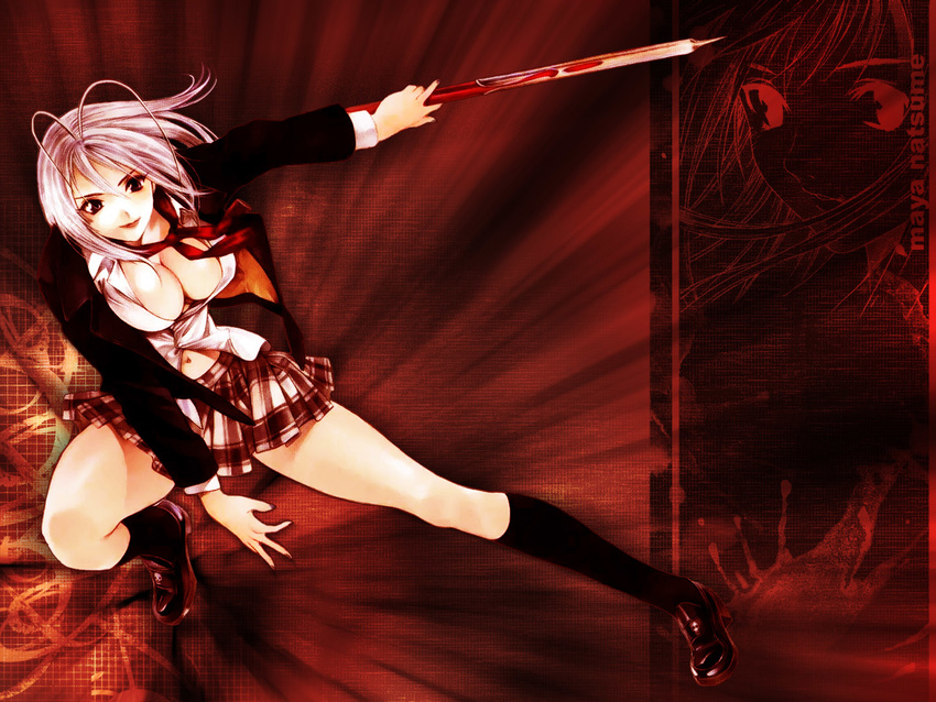 antenna_hair blazer blood breasts cleavage fighting_stance jacket kneehighs large_breasts lipstick long_sleeves makeup midriff natsume_maya navel oogure_ito open_clothes open_shirt polearm ribbon school_uniform shirt shoes silver_hair skirt smile socks solo spear tenjou_tenge third-party_edit wallpaper weapon
