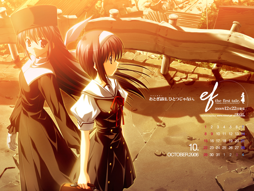 amamiya_yuuko back-to-back backlighting black_dress blush brown_hair building buttons cowboy_shot dress ef evening from_side highres long_sleeves looking_afar looking_at_viewer looking_to_the_side multiple_girls nanao_naru nun outdoors profile ruins shindou_kei standing sunlight sunset wallpaper