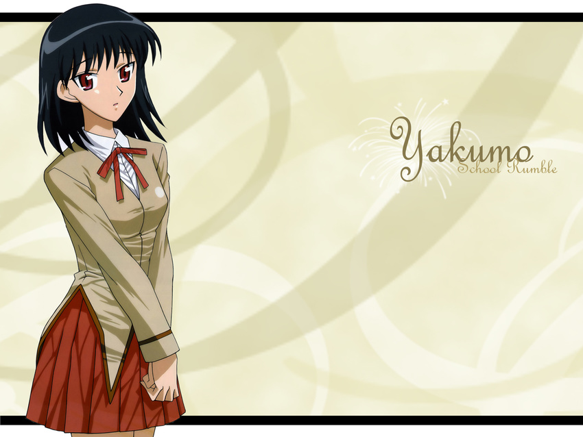 artist_request black_hair character_name copyright_name hands_together highres long_sleeves looking_at_viewer neck_ribbon red_eyes ribbon school_rumble school_uniform solo tsukamoto_yakumo wallpaper