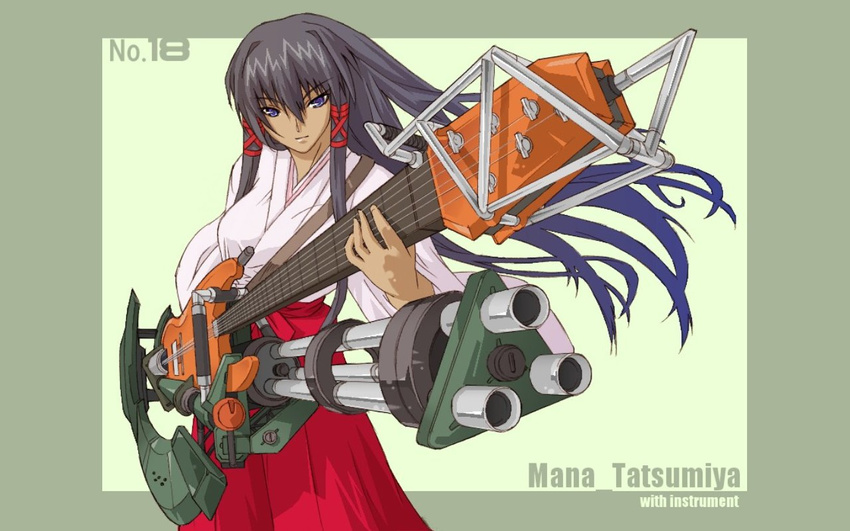 black_hair dark_skin gatling_gun guitar gun hakama haruka_shiya instrument japanese_clothes kimono long_hair mahou_sensei_negima! miko purple_eyes red_hakama solo tatsumiya_mana wallpaper weapon weaponized_instrument