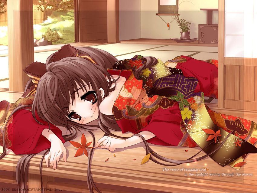 2003 autumn bare_shoulders blush bow brown_eyes brown_hair closed_mouth english expressionless floral_print garden hair_bow hair_in_mouth highres indoors interior itou_noiji japanese_clothes kimono komorebi_ni_yureru_tamashii_no_koe leaf long_hair long_sleeves looking_at_viewer lying maple_leaf off_shoulder ponytail porch red_kimono ribbon sleepy sliding_doors solo sui_(komorebi) very_long_hair yukata