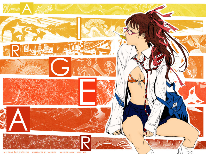 air_gear bag bikini_top breasts brown_hair candy cleavage colorized food front-tie_top glasses hair_ribbon highres kneehighs lollipop long_hair loose_socks medium_breasts mouth_hold navel necktie noyamano_ringo one_eye_closed oogure_ito open_clothes open_shirt ribbon school_bag school_uniform shirt sitting skirt socks solo star twintails wallpaper