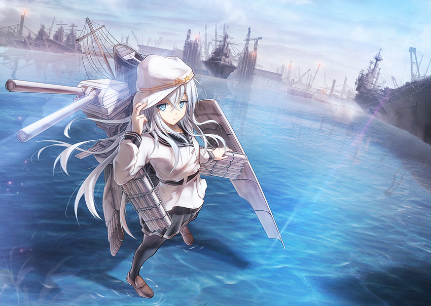 bae.c bangs belt black_legwear black_skirt blue_eyes blue_sky brown_footwear cannon closed_mouth day dutch_angle expressionless eyebrows eyebrows_visible_through_hair flight_deck fog from_above full_body hair_between_eyes hammer_and_sickle hand_up harbor hat hat_tip hibiki_(kantai_collection) holding kantai_collection legs_apart lens_flare light_particles light_rays loafers long_hair long_sleeves looking_at_viewer machinery miniskirt neckerchief ocean outdoors pantyhose pleated_skirt reflection ripples school_uniform serafuku shadow ship shoes silver_hair skirt sky solo standing standing_on_liquid star star_print string striped turret verniy_(kantai_collection) water watercraft