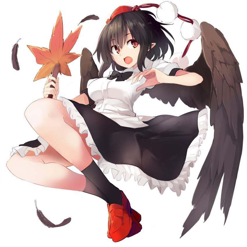 1girl black_bow black_hair black_legwear black_neckwear black_skirt black_wings bow bowtie breasts commentary_request fan feathered_wings feathers full_body geta hat highres holding holding_fan kamukamu_(ars) large_breasts leaf_fan looking_at_viewer open_mouth petticoat pointy_ears pom_pom_(clothes) puffy_short_sleeves puffy_sleeves red_eyes red_footwear shameimaru_aya shirt short_hair short_sleeves simple_background skirt socks solo tassel tengu-geta tokin_hat touhou white_background white_shirt wings