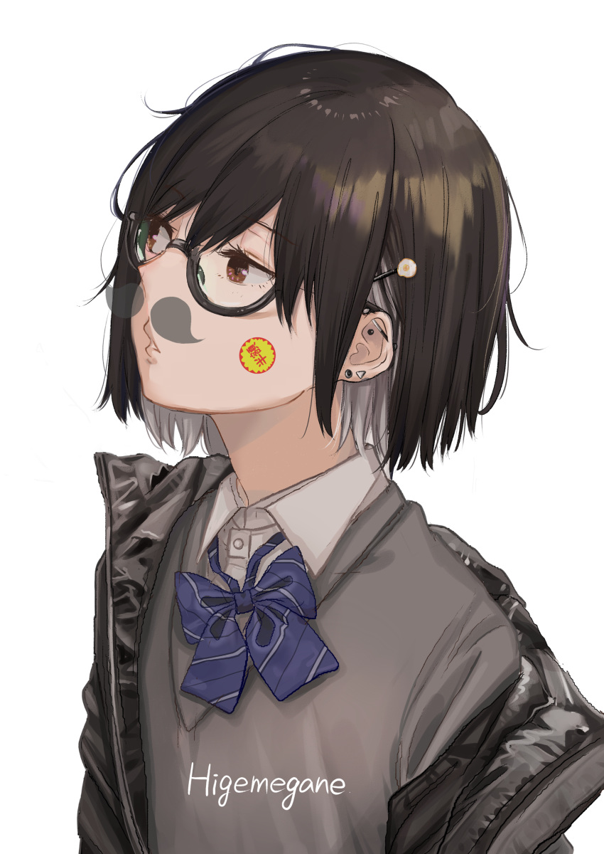 1girl absurdres bangs black-framed_eyewear black_hair black_jacket blue_neckwear bow bowtie brown_eyes buttons collared_shirt commentary_request ear_piercing earrings eyebrows_visible_through_hair eyelashes fake_facial_hair fake_mustache glasses grey_sweater hair_between_eyes hair_ornament hairclip head_tilt highres ibuki_(ibuki0118) jacket jewelry looking_to_the_side off_shoulder open_clothes open_jacket original parted_lips piercing school_uniform semi-rimless_eyewear shirt short_hair sidelocks simple_background solo sticker striped striped_neckwear sweater upper_body white_background white_shirt