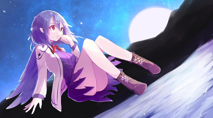 ass backlighting bangs boots bow braid breasts brooch brown_footwear brown_jacket chiroru_(cheese-roll) dress finger_to_mouth floating french_braid full_moon grey_wings hair_between_eyes highres jacket jewelry kishin_sagume legs legs_up long_sleeves looking_afar medium_breasts moon moonlight mountain night night_sky perspective purple_dress red_eyes reflection shooting_star short_dress short_hair silhouette single_wing sky solo star_(sky) thighs touhou upskirt water wind wings