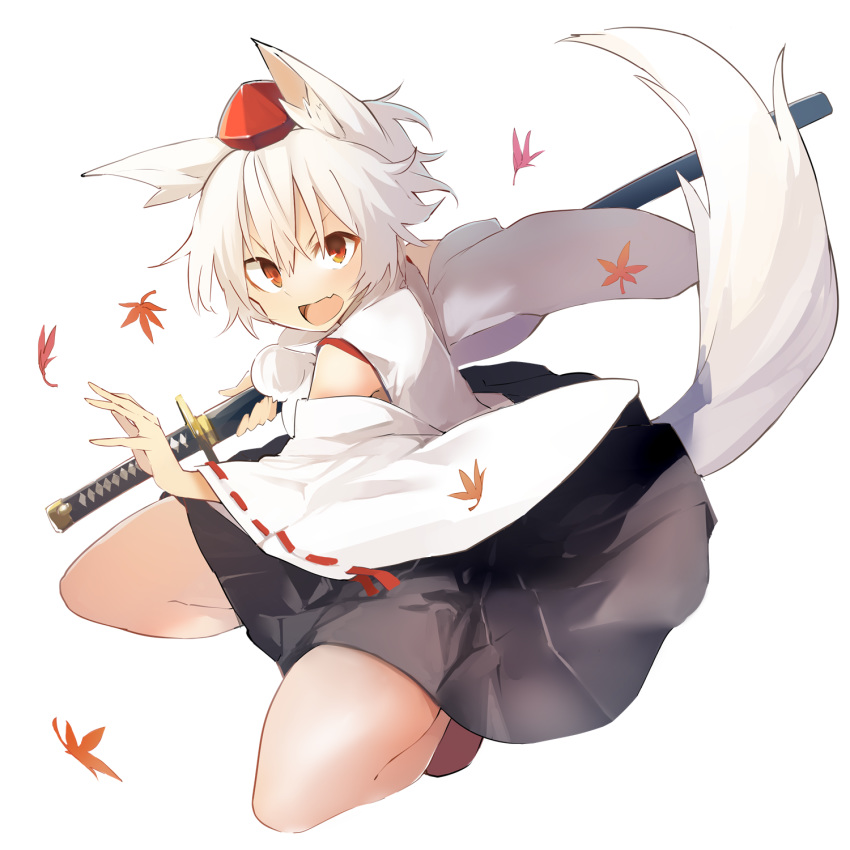1girl animal_ear_fluff animal_ears autumn_leaves bangs bare_shoulders black_skirt breasts commentary_request detached_sleeves fang hair_between_eyes hat highres holding holding_sword holding_weapon inubashiri_momiji kamukamu_(ars) katana large_breasts long_sleeves looking_at_viewer open_mouth pom_pom_(clothes) red_eyes red_footwear ribbon-trimmed_sleeves ribbon_trim scabbard sheath sheathed shirt shoes short_hair silver_hair simple_background skirt solo sword tail thighs tokin_hat touhou v-shaped_eyebrows weapon white_background white_shirt wide_sleeves wolf_ears wolf_tail