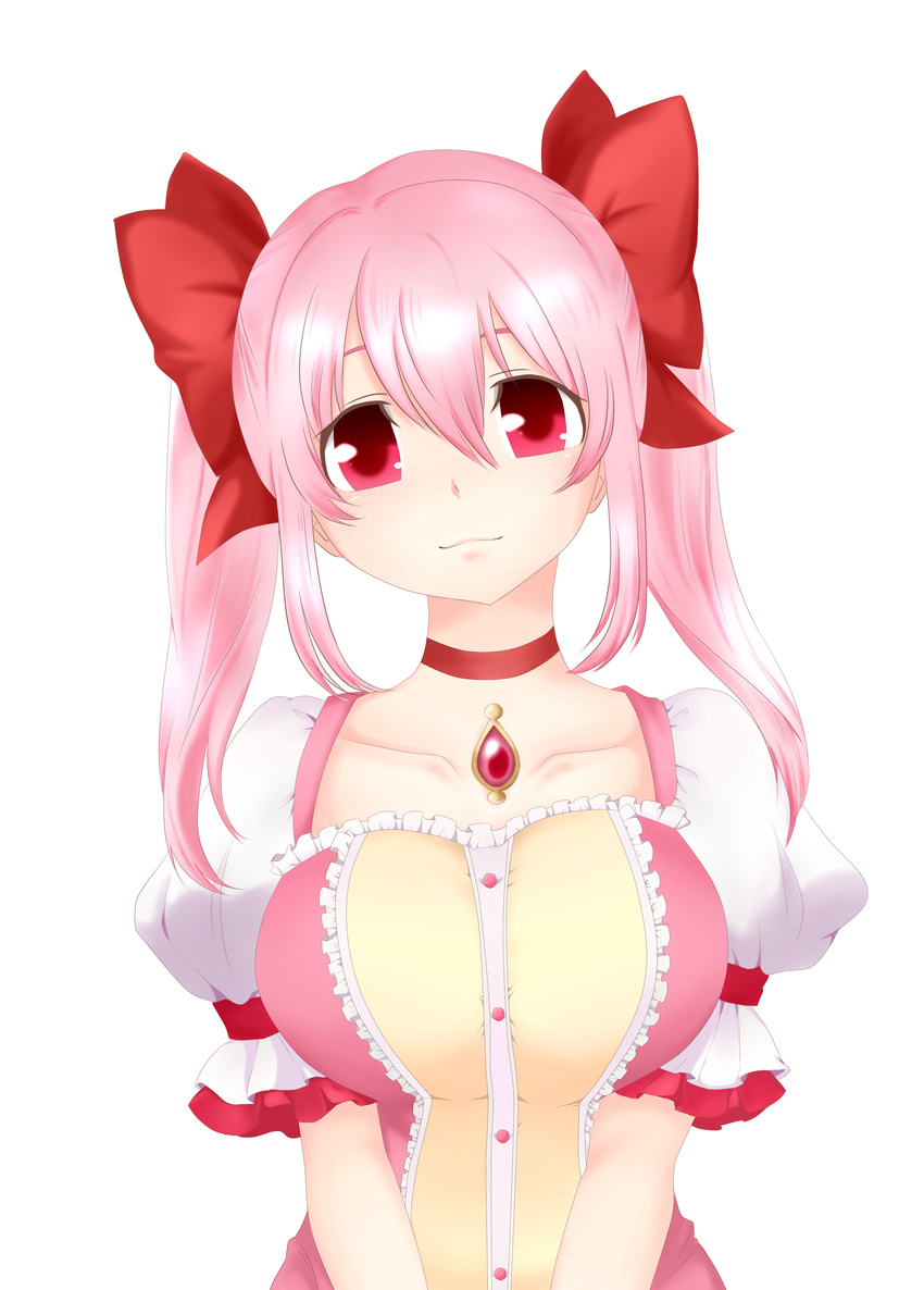 absurdres bad_id bad_pixiv_id blush bow breasts cosplay hair_bow hair_ribbon highres kaname_madoka kaname_madoka_(cosplay) large_breasts long_hair looking_at_viewer magical_girl mahou_shoujo_madoka_magica mmmrk_17 nitroplus pink_hair ribbon smile solo super_sonico twintails v_arms