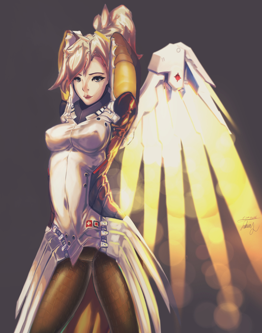 2016 arms_behind_head arms_up artist_name backlighting blonde_hair blue_eyes bodysuit breasts covered_navel covered_nipples cowboy_shot dated glowing glowing_wings grey_background high_ponytail highres joshua_schmidt lips long_hair looking_at_viewer mechanical_halo mechanical_wings medium_breasts mercy_(overwatch) overwatch pantyhose ponytail signature simple_background solo wings yellow_wings