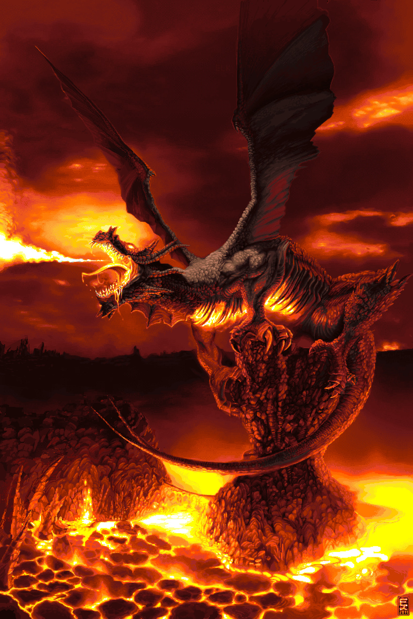 2011 alexander_steiner ambiguous_gender detailed_background digital_media_(artwork) dragon fangs feral fire fire_breathing horn lava membranous_wings nude open_mouth pixel_(artwork) red_sky scalie sky solo spread_wings tongue warm_colors western_dragon wings