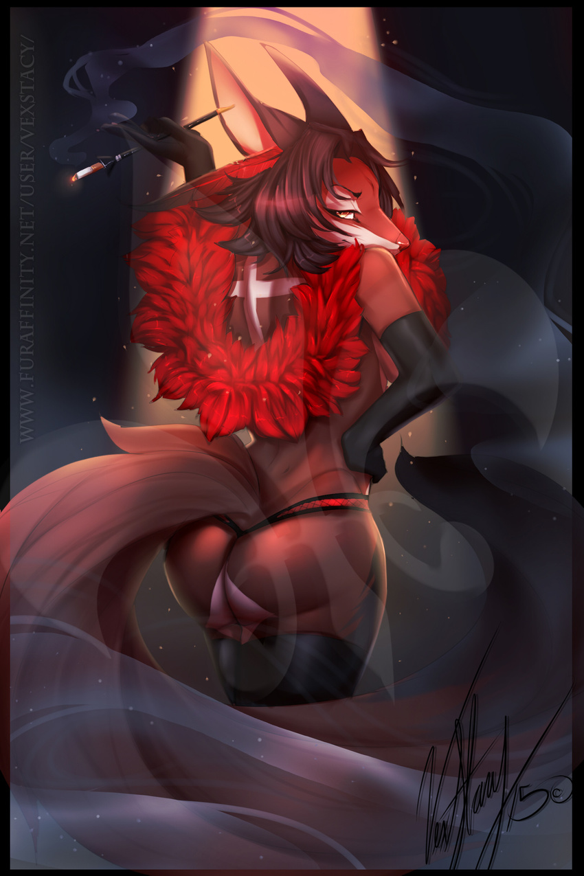 absurd_res anthro butt canine cigarette clothed clothing corset female fox half-closed_eyes hi_res legwear lingerie looking_at_viewer looking_back mammal skimpy smile smoke solo thigh_highs vexstacy watermark