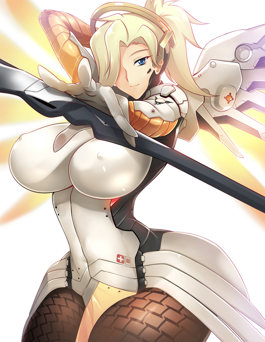 absurdres arm_up blonde_hair blue_eyes breasts curvy erect_nipples haganef hair_over_one_eye huge_breasts impossible_clothes large_breasts light_smile long_hair looking_at_viewer mechanical_halo mechanical_wings mercy_(overwatch) overwatch pantyhose simple_background smile solo staff thick_thighs thighs white_background wide_hips wings