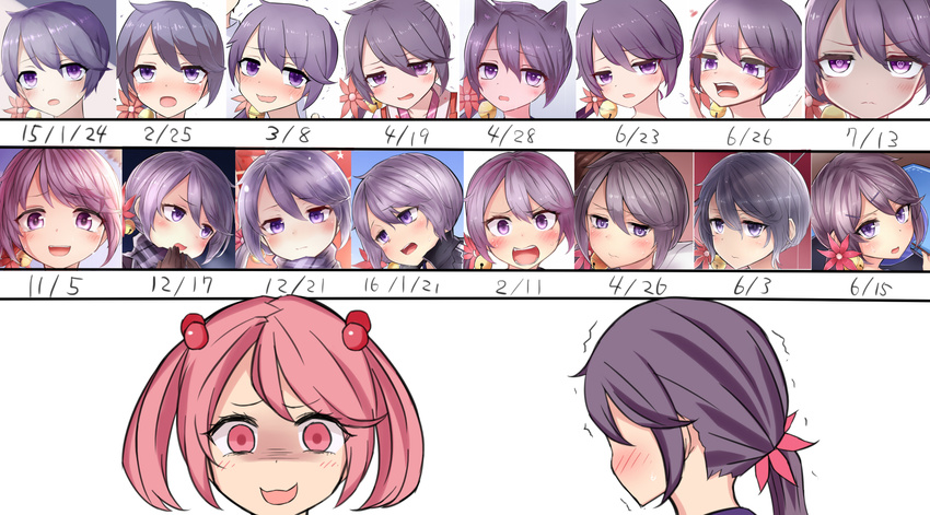 akebono_(kantai_collection) bell blush commentary_request eyebrows eyebrows_visible_through_hair flower hair_bell hair_bobbles hair_flower hair_ornament highres jingle_bell kantai_collection long_hair multiple_girls neit_ni_sei open_mouth pink_eyes pink_hair purple_eyes purple_hair reaction sazanami_(kantai_collection) short_hair side_ponytail surprised trembling
