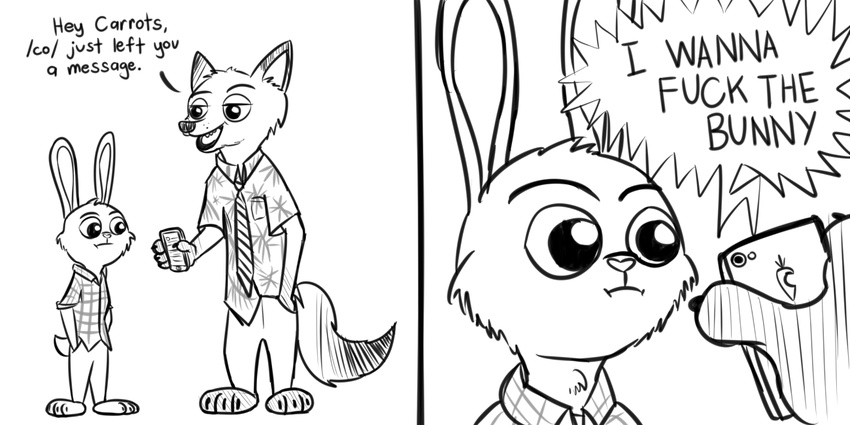 /co/ 4chan anthro canine cellphone clothed clothing comic dialogue disney duo english_text female fox humantrashmachine judy_hopps lagomorph male mammal monochrome necktie nick_wilde phone rabbit text the_truth zootopia