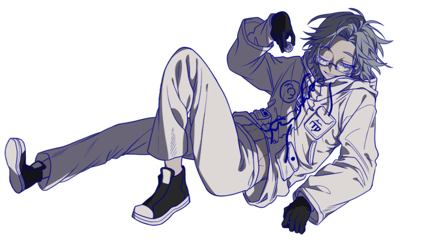 1boy aotsuki_eito black_gloves black_shoes breast_pocket chinese_commentary drawstring dusan232 evil_smile glasses gloves grey_hair holding_eyeball jacket knee_up looking_at_viewer lying male_focus midriff_peek navel on_back one_eye_closed pants pocket purple_eyes shoes short_hair smile solo the_hundred_line_-last_defense_academy- transparent_background white_jacket white_pants