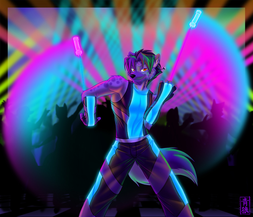 anthro black_nose clothed clothing fur glowing glowstick hair hyena looking_at_viewer male mammal pants purple_fur rave raver red_eyes sapphwolf shirt shytzo spotted_hyena