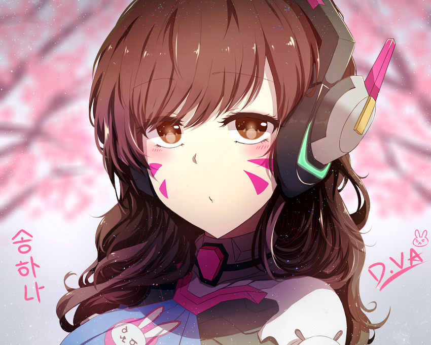 bodysuit brown_eyes brown_hair d.va_(overwatch) facial_mark headphones isumi_(yangyan) long_hair looking_at_viewer overwatch pilot_suit portrait solo whisker_markings