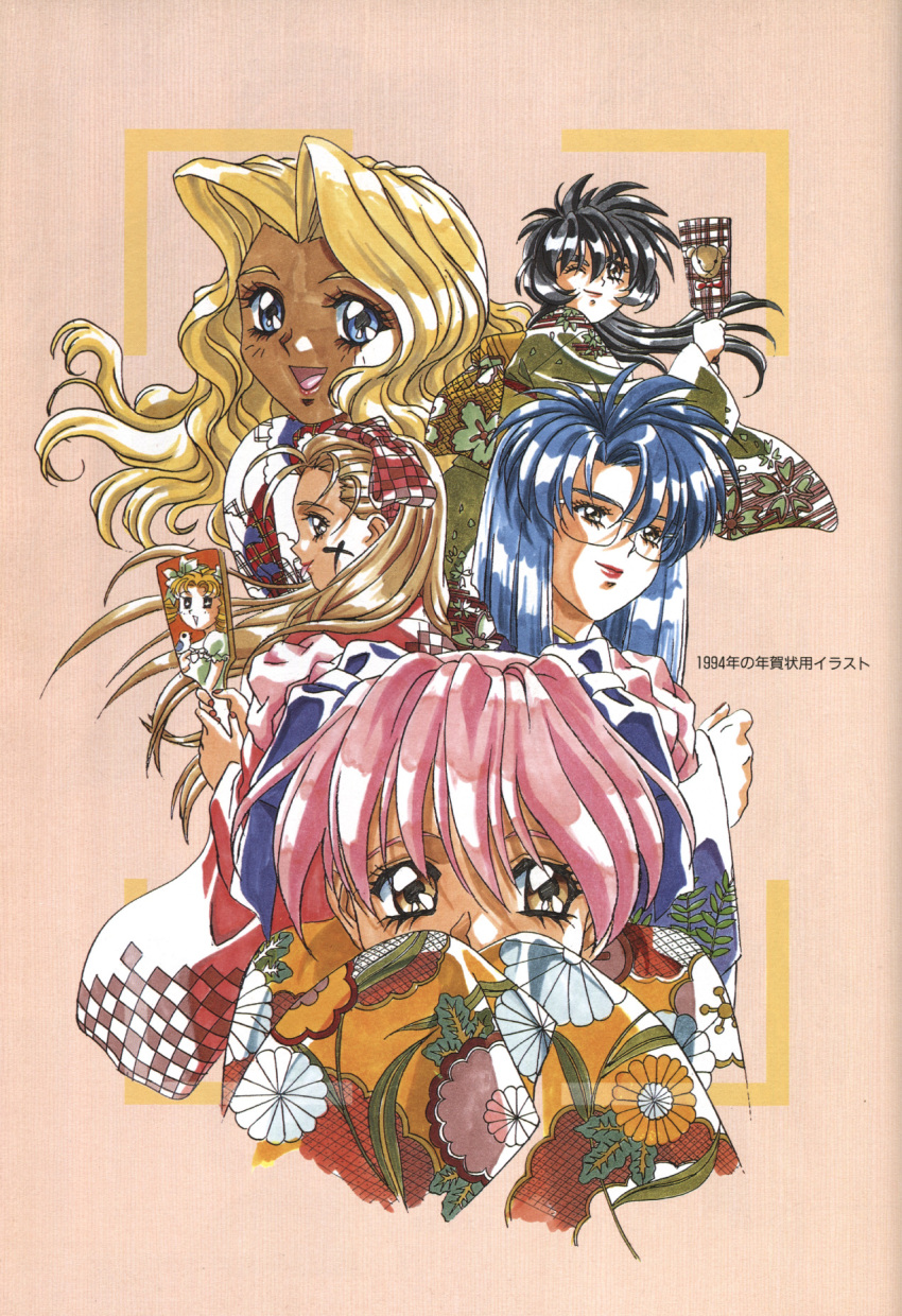 1990s_(style) 5girls black_eyes black_hair blonde_hair blue_eyes blue_hair bow brown_eyes brown_hair cindy_sakurai covering_own_mouth dark-skinned_female dark_skin facial_mark furisode graduation_(series) hagoita hair_bow hanetsuki highres holding holding_paddle inuzuka_saori ishibashi_misako japanese_clothes kimono looking_at_viewer marker_(medium) multiple_girls new_year non-web_source one_eye_closed open_mouth paddle pink_hair profile retro_artstyle rimless_eyewear scar smile sotsugyou_ii:_neo_generation takei_masaki tani_yurika traditional_media wide_sleeves yasuda_maina