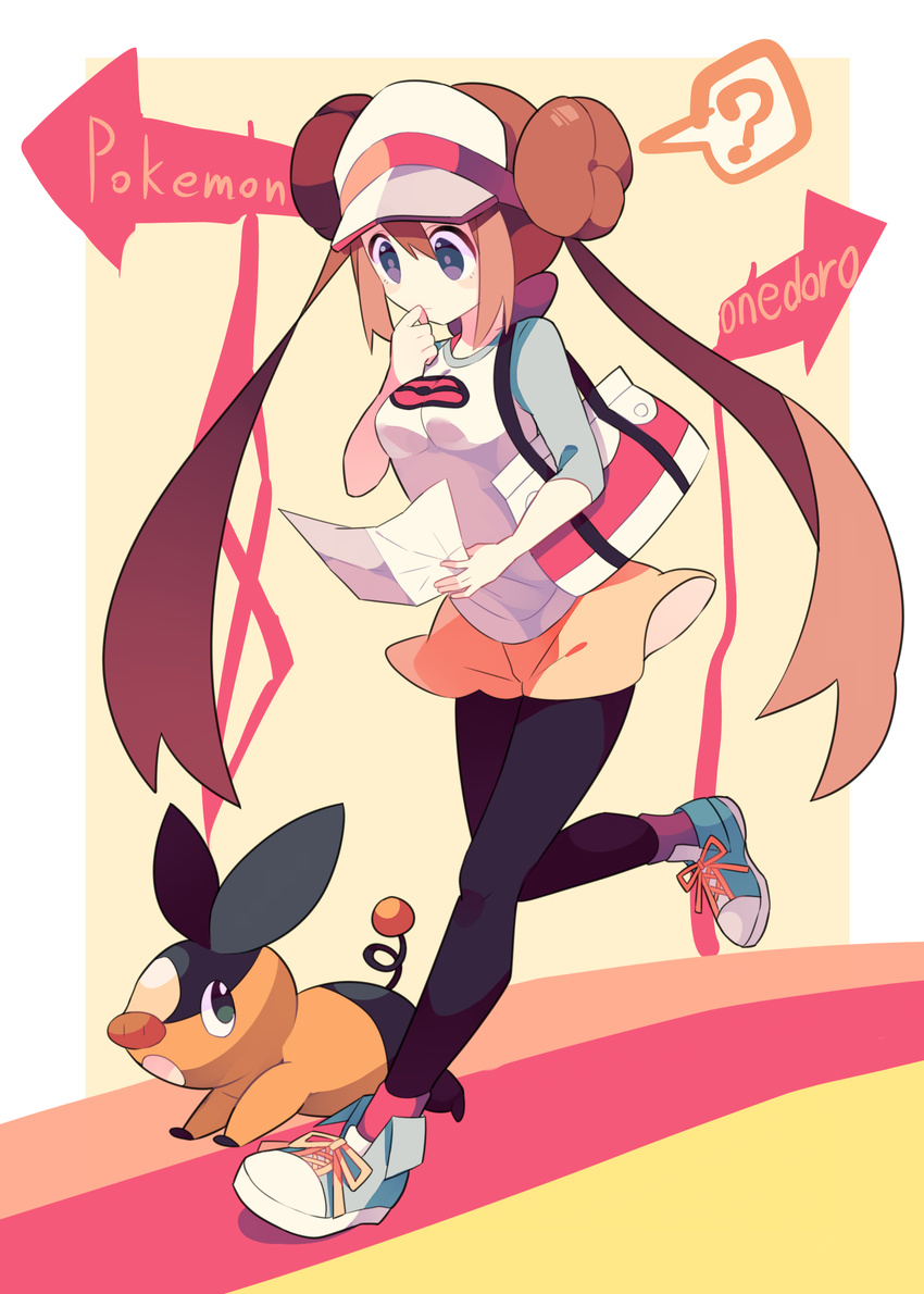 ? absurdres bag black_legwear copyright_name directional_arrow double_bun gen_5_pokemon handbag highres legwear_under_shorts long_hair map mei_(pokemon) nagatsukiariake pantyhose pantyhose_under_shorts pokemon pokemon_(creature) pokemon_(game) pokemon_bw2 raglan_sleeves shoes shorts sneakers tepig twintails very_long_hair visor_cap walking