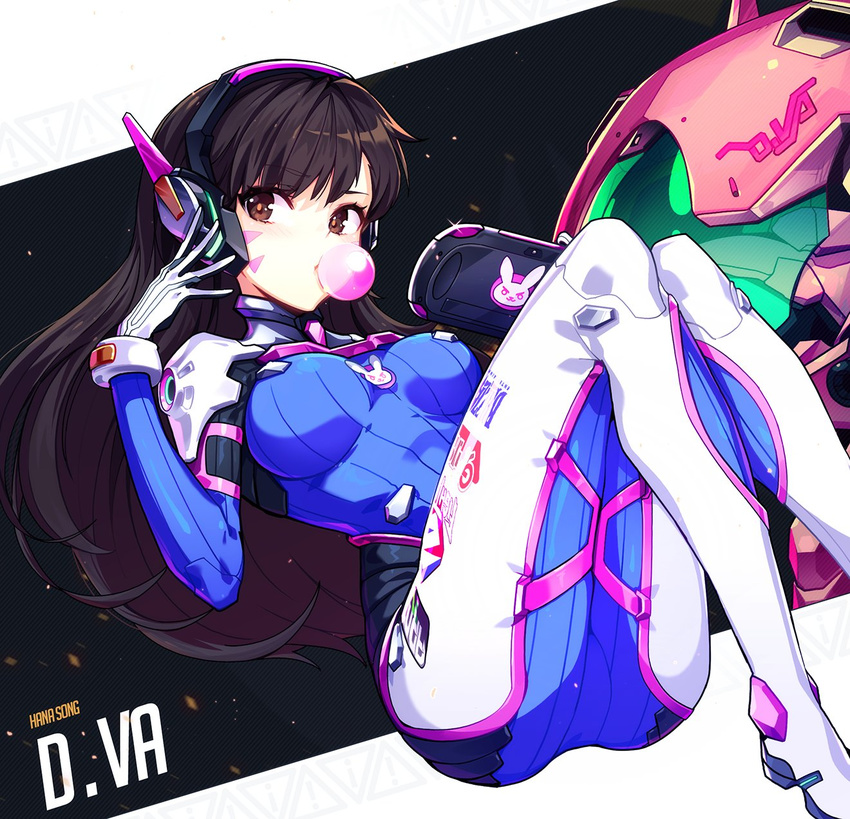 animal_print armor bangs bodysuit boots breasts brown_eyes brown_hair bubble_blowing bunny bunny_print character_name chewing_gum d.va_(overwatch) facial_mark gloves hand_up handheld_game_console headphones high_collar highres hwansang large_breasts long_hair mecha meka_(overwatch) overwatch pauldrons pilot_suit playing_games playstation_vita skin_tight solo thigh_boots thighhighs turtleneck whisker_markings white_footwear white_gloves