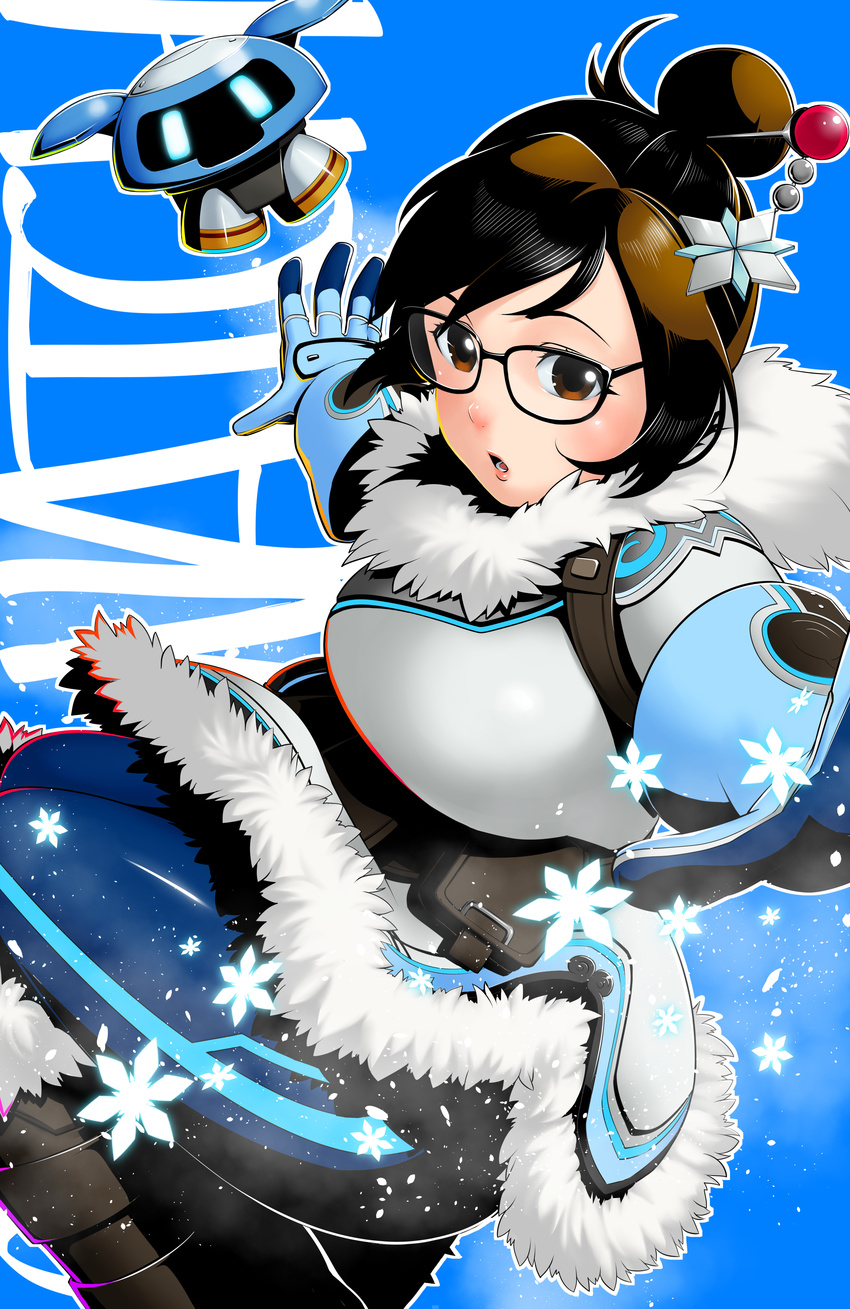 absurdres bangs beads belt belt_pouch black-framed_eyewear black_hair blue_gloves blue_legwear boots brown_eyes brown_hair canteen character_name coat copyright_name drone english floating fur_boots fur_coat fur_trim glasses gloves hair_bun hair_ornament hair_stick highres kalua mei_(overwatch) multicolored_hair open_mouth outstretched_arms overwatch parka pouch robot short_hair snowball_(overwatch) snowflakes solo swept_bangs text_focus two-tone_hair utility_belt winter_clothes winter_coat