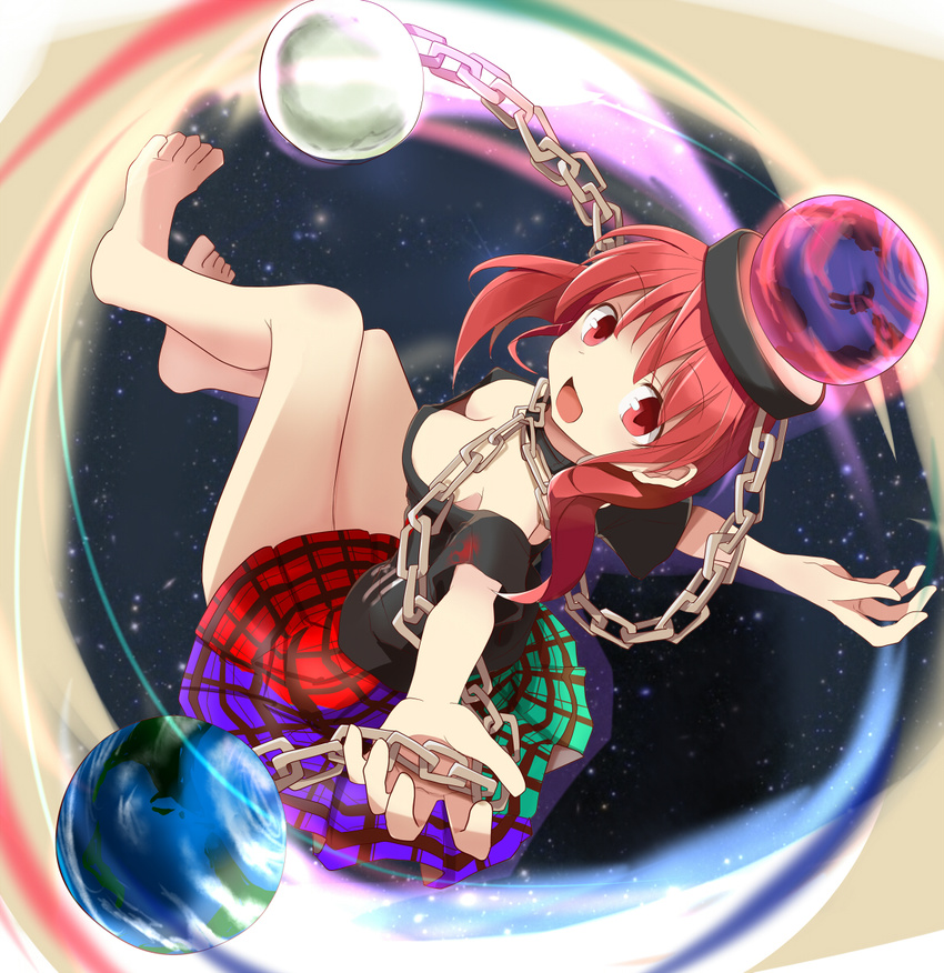 :d barefoot breasts chain choker cleavage downblouse earth from_side full_body hecatia_lapislazuli hell highres miniskirt moon mukuroi off-shoulder_shirt off_shoulder open_mouth outstretched_arms plaid plaid_skirt pleated_skirt polos_crown red_eyes red_hair shirt short_sleeves skirt smile solo spread_arms t-shirt touhou