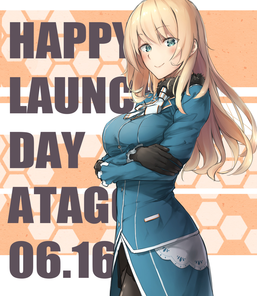 ascot atago_(kantai_collection) bangs birthday black_gloves black_legwear blue_eyes blue_skirt blush breast_hold breasts buttons character_name closed_mouth cowboy_shot cravat crossed_arms dated enosan eyebrows eyebrows_visible_through_hair fur_trim gloves green_eyes hair_between_eyes hexagon highres jacket kantai_collection lace_trim large_breasts long_hair long_sleeves looking_at_viewer pantyhose pocket self_hug skirt smile solo